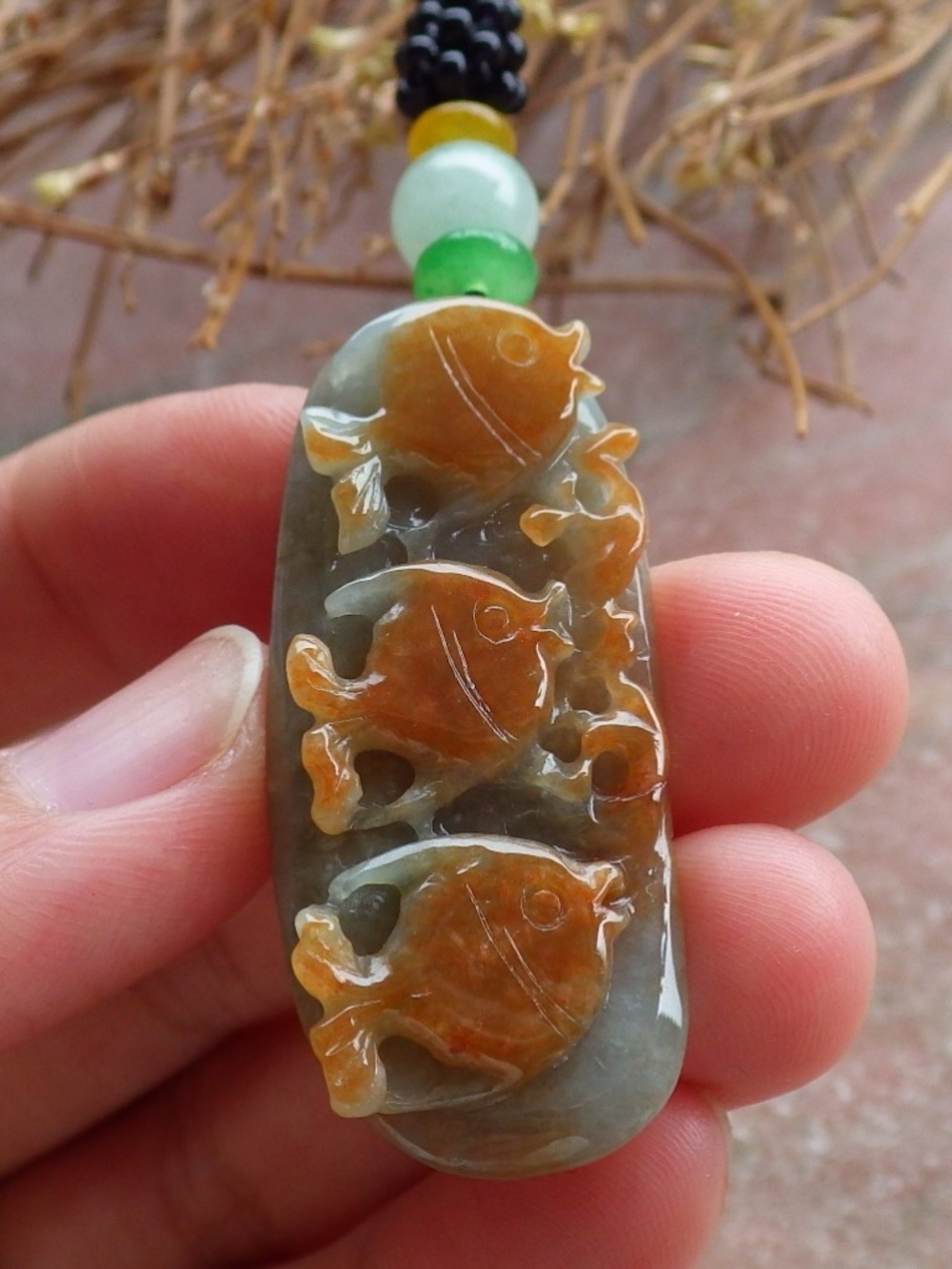 Certified Hand Carved Red Natural Burma A Jade Jadeite Fish Sea Ruyi Pendant
